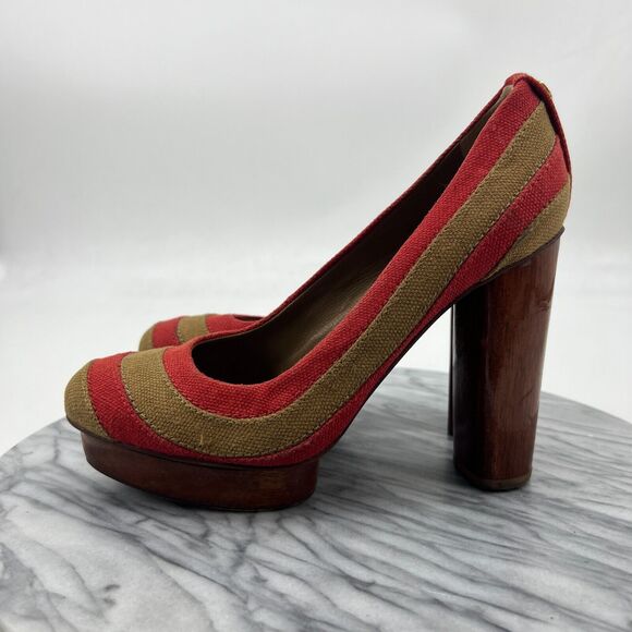 Tory Burch Joelle Platform Pump Womens 8 Linen Patchwork Wood Heel Round Toe - Picture 4 of 11
